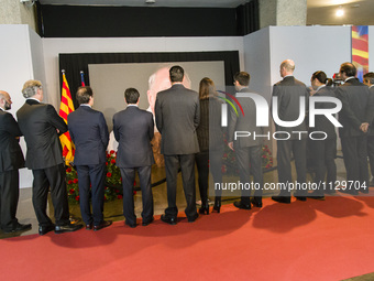 Josep Maria Bartomeu, FC Barcelona's president, with the rest of FC Barcelona representants during the memorial of Johan Cruyff in Camp Nou...