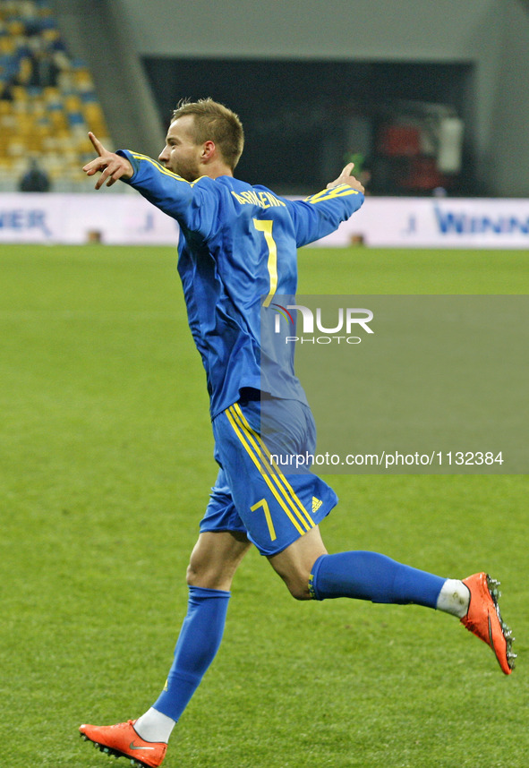 Andriy Yarmolenko of Ukraine national football team celebrate a goal,during the friendly football match between Ukraine and Wales at Olimpiy...