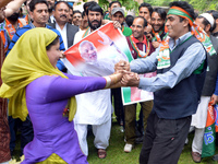 Supporters of Bharatiya Janata Party (BJP)celebrating in Srinagar in indian controlled Kashmir on May 17, 2014. India voted in phases over s...