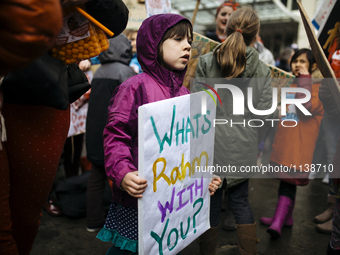 Protesters at the Thompson Center during a one-day strike on April 1, 2016 in Chicago, Illinois. Chicago teachers and the Chicago Teachers U...