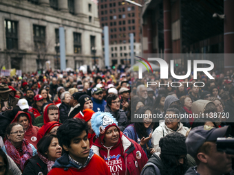Protesters at the Thompson Center during a one-day strike on April 1, 2016 in Chicago, Illinois. Chicago teachers and the Chicago Teachers U...