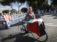 Rome, Italy – May 17, 2014: A woman with a bike holds a Palestinian flag during a nationwide demonstration against the privatization of the...