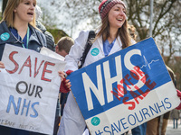 Junior doctors participating in the all-out strike outside Manchester Royal Infirmary in Manchester, Greater Manchester, England, United Kin...