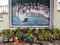 A villager sleeps near to his ice-apple fruits as he waits for customers to sale it on way side in the eastern Indian city Bhubaneswar, Indi...