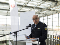 The Vice President of the Federal Police in Berlin Ralph W. Krger speaks during presentation the PC video technology for 100 Berlin train st...