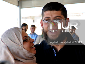 Freed Palestinian prisoner Sayed Harb, 27, a Welcome by relatives upon his release from an Israeli jail, in Rafah in the southern Gaza Strip...