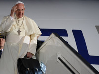 Pope Francis he departs at Ben Gurion International Airport in Tel Aviv, Israel on May 26, 2014. The Vatican's Pope Francis left Israel on M...