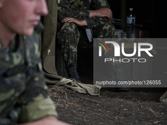 Ukrainian army paratroopers have a short brake on patroling the territory of Anti-terrorist Opp Base in Donetsk region (