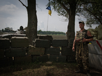 Ukrainian army paratrooper patrols the territory of Anti-terrorist Opp Base in Donetsk region (