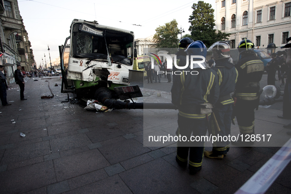 Bus crashes into crowd on Nevsky prospect, 22 injured, in St Petersburg, Russia, on June 3, 2014. 