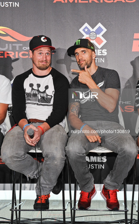 Morgan Wade (L) and Jamie Bestwick attend the X Games press conference at Circuit Of The Americas on June 4, 2014 in Austin, Texas. EDITORIA...