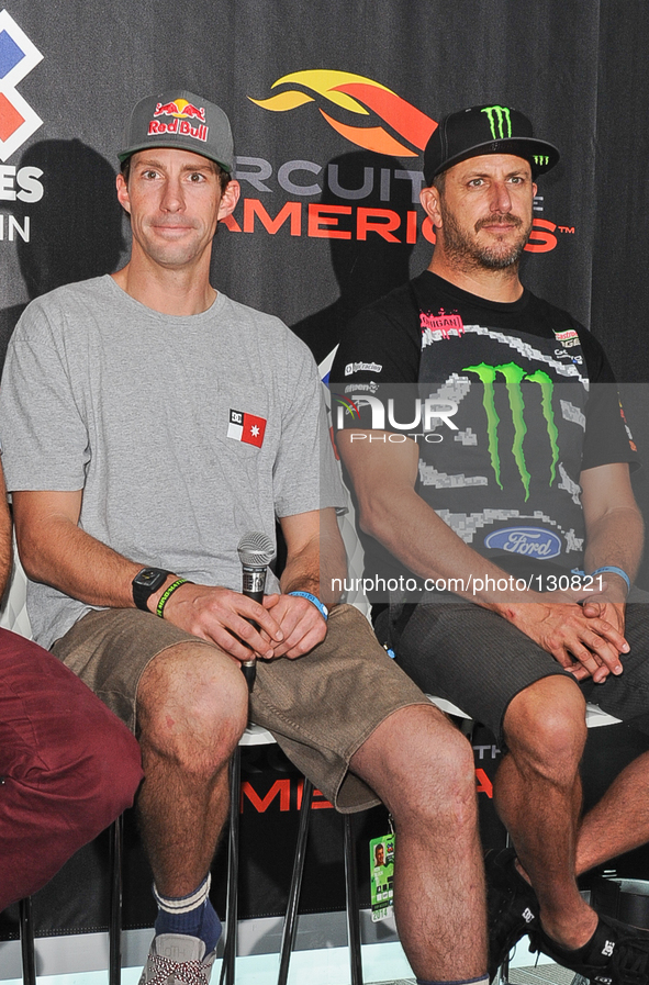 Travis Pastrana (L) and  Ken Blockattend the X Games press conference at Circuit Of The Americas on June 4, 2014 in Austin, Texas. EDITORIAL...