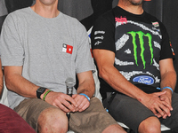 Travis Pastrana (L) and  Ken Blockattend the X Games press conference at Circuit Of The Americas on June 4, 2014 in Austin, Texas. EDITORIAL...