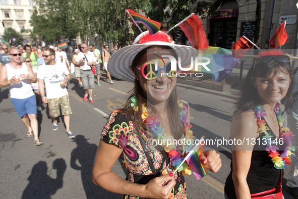 People participate in annual gay pride parade in Budapest, Hungary, on July 2, 2016.