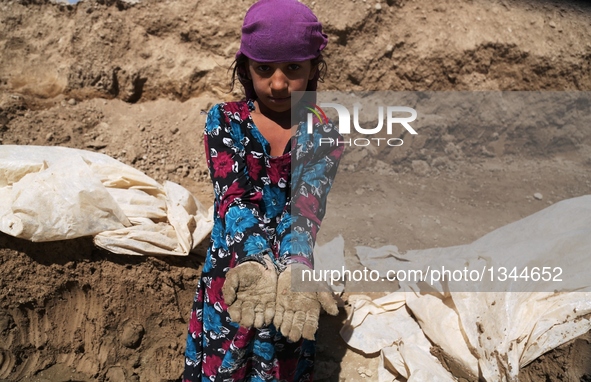 An Afghan child shows her dirty hands at a brick factory in Kabul, capital of Afghanistan, July 21, 2016. Some 1.3 million school-aged Afgha...