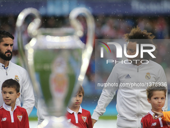 Dani Carvajal (L) and Marcelo during the UEFA Super Cup match between Real Madrid and Sevilla FC at the Lerkendal Stadion in Trondheim, Norw...