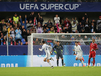 Real Madrid scores during the UEFA Super Cup match between Real Madrid and Sevilla FC at the Lerkendal Stadion in Trondheim, Norway on Augus...