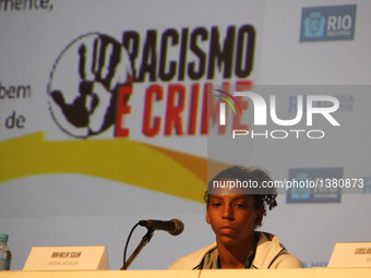Rio 2016 Olympic Games women's -57kg judo gold medal winner Rafaela Silva is seen during a press conference about racism in Rio de Janeiro o...