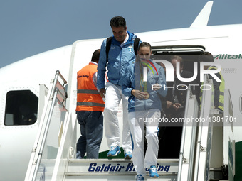 Greek gold medalist, at the Rio 2016 Olympics, Anna Korakaki, with her father and personal coach,Tasos Korakakis, leave the airplane upon th...