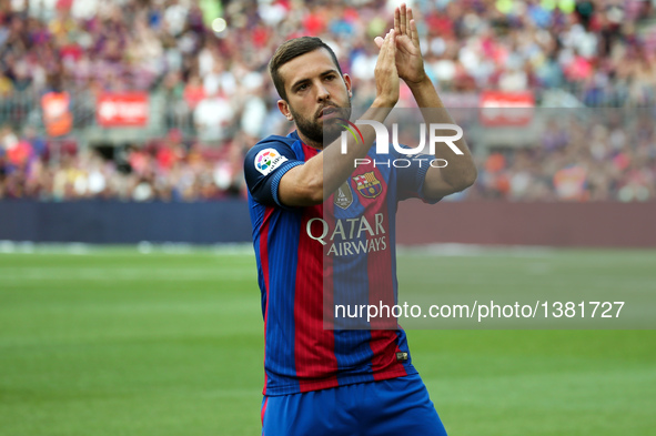 Jordi Alba during the presentation of the Barcelona team 2016-17, held in the Camp Nou stadium, on august 10, 2016. 