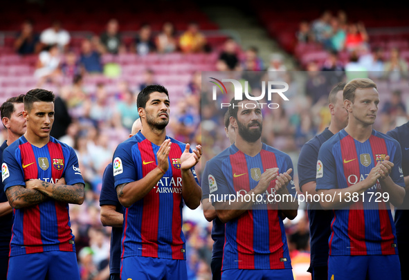 Cristian Tello, Luis Suarez, Arda Turan and Ivan Rakitic during the presentation of the Barcelona team 2016-17, held in the Camp Nou stadium...
