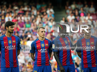 Andre Gomes, Lucas Digne, Samuel Umtiti and Sergi Samper during the presentation of the Barcelona team 2016-17, held in the Camp Nou stadium...