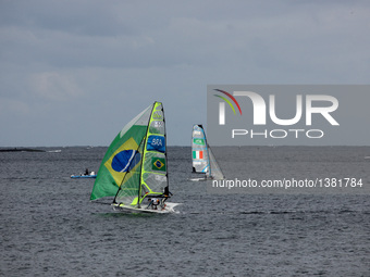 Rio de Janeiro, Brazil, 11 August 2016: Athletes take part in the sailing competitions for the Rio 2016 Summer Olympic Games, in the Guanaba...