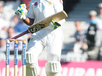 Pakistan's Sarfraz Ahmed celebrates his century during Day Two of the Fourth Investec Test Match between England and Pakistan played at The...