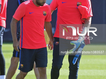 Claudio Bravo and Jordi Alba during the training before the spain Supercup match, held  in the Ciutat Esportiva Joan Gamper of Barcelona, Sp...