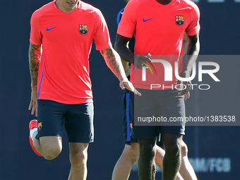 Lucas Digne and Samuel Umtiti during the training before the spain Supercup match, held  in the Ciutat Esportiva Joan Gamper of Barcelona, S...
