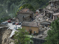A view of destroyed building in Pescara del Tronto, Italy, on August 24, 2016. A powerful pre-dawn earthquake devastated mountain villages i...