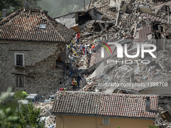 A view of destroyed building in Pescara del Tronto, Italy, on August 24, 2016. A powerful pre-dawn earthquake devastated mountain villages i...
