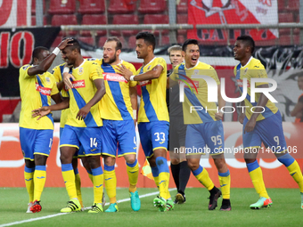 Arouca's defender Gege celebrates after scoring a goal with team during UEFA Europa League match between FC Olympiacos and FC Arouca at Geor...
