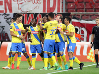 Arouca's defender Gege celebrates after scoring a goal with team during UEFA Europa League match between FC Olympiacos and FC Arouca at Geor...