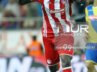Olympiaco's Greek forward Brown Ideye celebrates after scoring a goal during UEFA Europa League match between FC Olympiacos and FC Arouca at...