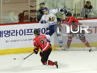 Anyang Halla players and Daemyung Sangmu players action during an Asia League Ice Hockey 2016-17 season first match at Seonhak Ice Rink in I...