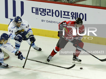 Anyang Halla players and Daemyung Sangmu players action during an Asia League Ice Hockey 2016-17 season first match at Seonhak Ice Rink in I...