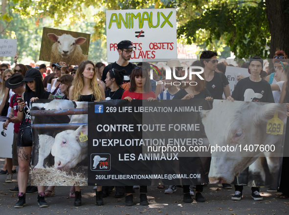 Animal rights activists take part in a rally in Geneva, Switzerland, Aug. 27, 2016. Thousands of animal rights activists from 