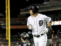 Detroit Tigers second baseman Ian Kinsler (3) heads to the dugout after his two-run home run in the fifth inning of a baseball game against...
