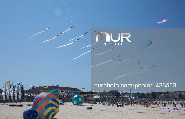 Photo taken on Sept. 11, 2016 shows kites flying over Bondi Beach in Sydney, Australia. Australia's largest kite flying festival, Festival o...