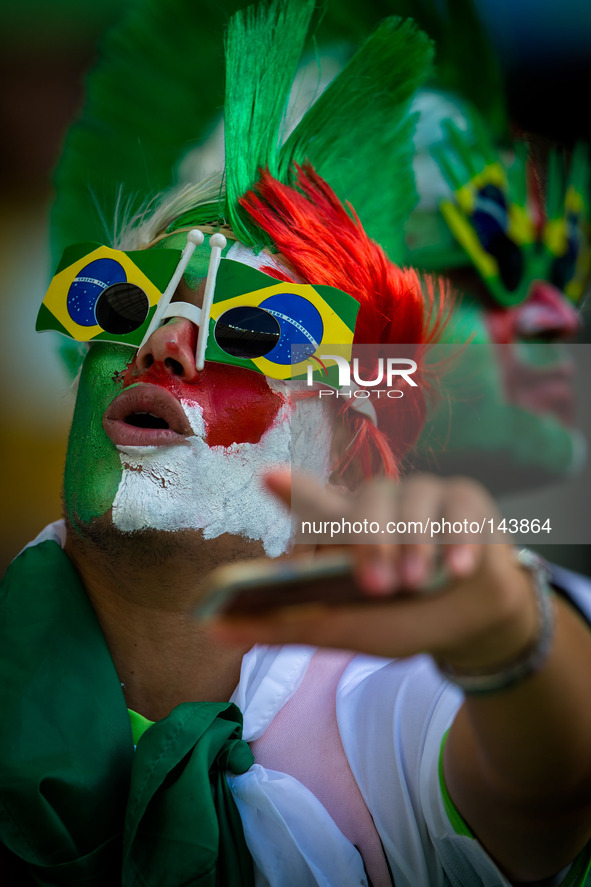 (140617) -- BELO HORIZONTE, June 17, 2014 () -- A fan of Algeria cheers prior to a Group H match between Belgium and Algeria of 2014 FIFA Wo...