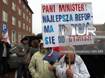 The Polish Teachers Union protest in front of Pomeranian Voivodeship building in Gdansk on 10 October 2016 against planned reforms to the ed...