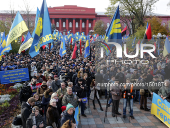  Activists and supporters of Ukrainian nationalist parties attend a rally to celebrate the 74th anniversary of Ukrainian Insurgent Army (UPA...