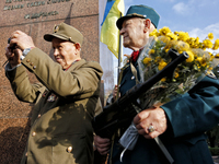 An UPA veteran holds a rifle and a bouquet as he and fellow veterans attend celebrating the 74th anniversary of Ukrainian Insurgent Army (U...