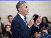 US President Barack Obama delivers remarks on education at Benjamin Banneker Academic High School in Washington,DC on October 17, 2016. (