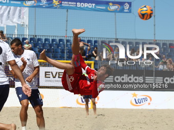 Sopot , Poland 27th June 2014 Euro Beach Soccer League tournament in Sopot.
Game between France and Switzerland.
Philipp Borer (10) in actio...