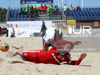 Sopot , Poland 27th June 2014 Euro Beach Soccer League tournament in Sopot.
Game between France and Switzerland.
Philip Borer (10) in action...