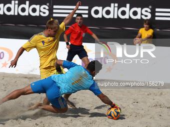Sopot , Poland 27th June 2014 Euro Beach Soccer League tournament in Sopot.
Game between Spain and Ukraine.
Oleg Budzko (9) in action agains...