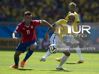 Belo Horizonte BRAZIL--28 June: Dani Alves and Vargas in the match between Brazil and Chile, correspondind at the round of last 16 of the Wo...