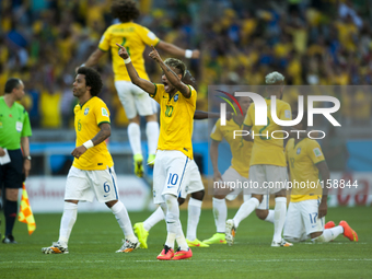 Belo Horizonte BRAZIL--28 June: Neymar Jr. and others brazilian players celebration in the match between Brazil and Chile, correspondind at...